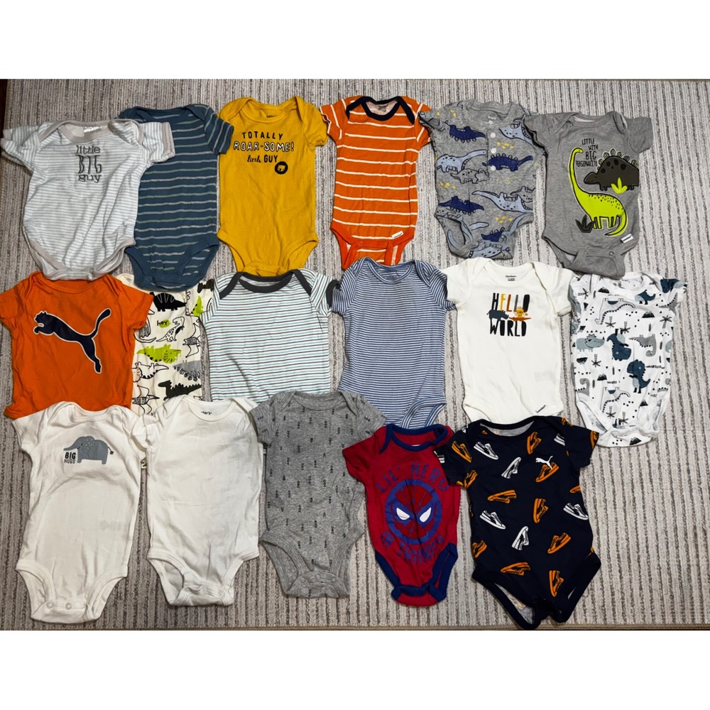 17 Pc Baby Boy Bodysuit Bundle 0-3 Months Carter's Gerber Puma Marvel Dinosaurs